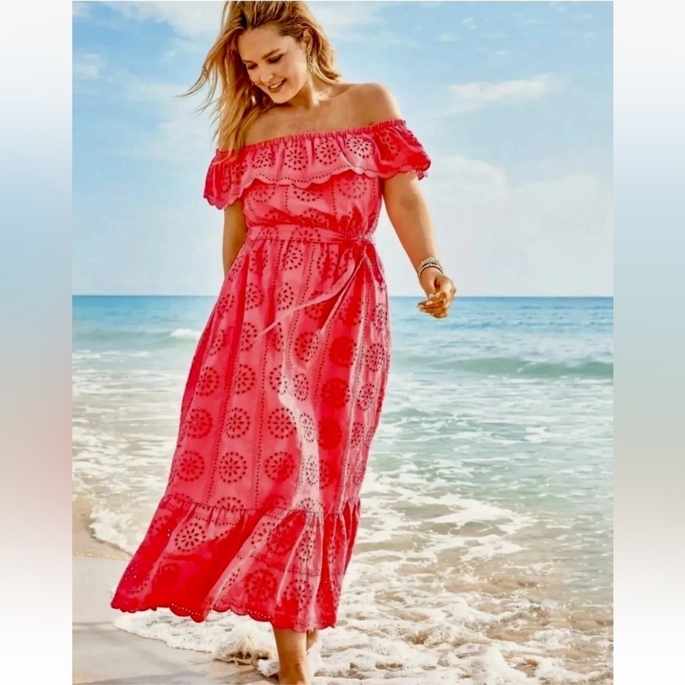 Lilly Pulitzer Liabella Off Shoulder Dress Coral Sunnysid Eyelet $348 Size L